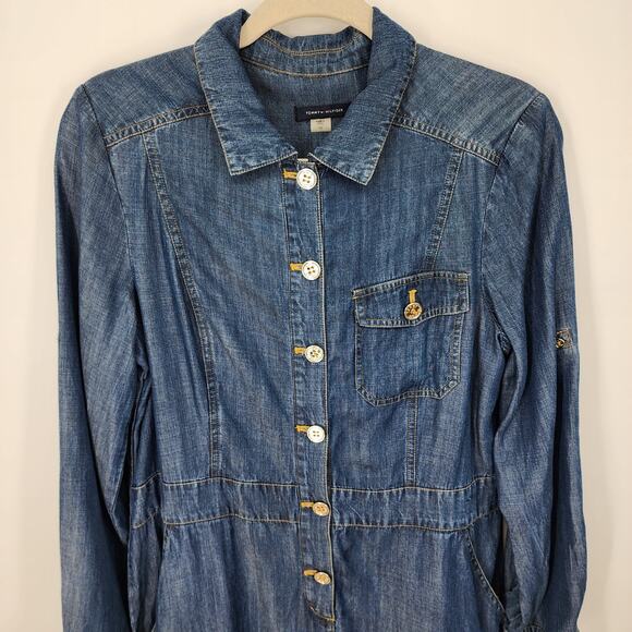 Tommy Hilfiger Chambray Shirt Dress 10 Short Collared Button Front Med Wash Blue - Picture 7 of 11